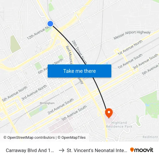 Carraway Blvd And 12th Ave N (Ib) to St. Vincent's Neonatal Intensive Care Unit map