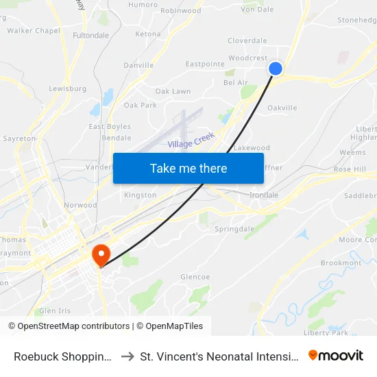 Roebuck Shopping Center to St. Vincent's Neonatal Intensive Care Unit map