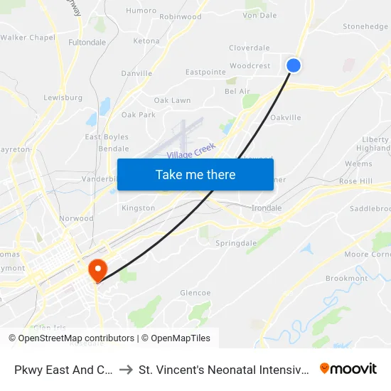 Pkwy East And Crow Dr to St. Vincent's Neonatal Intensive Care Unit map