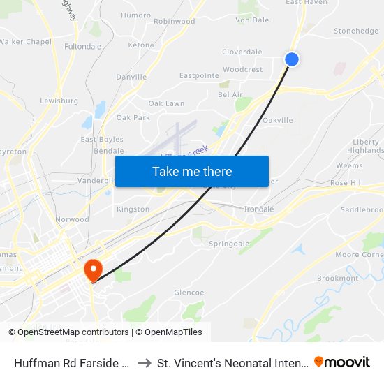 Huffman Rd Farside Roebuck Dr to St. Vincent's Neonatal Intensive Care Unit map