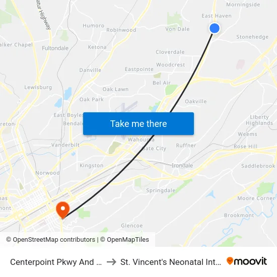 Centerpoint Pkwy And Cheyenne Blvd to St. Vincent's Neonatal Intensive Care Unit map