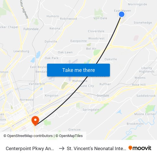 Centerpoint Pkwy And 13th Ave NE to St. Vincent's Neonatal Intensive Care Unit map