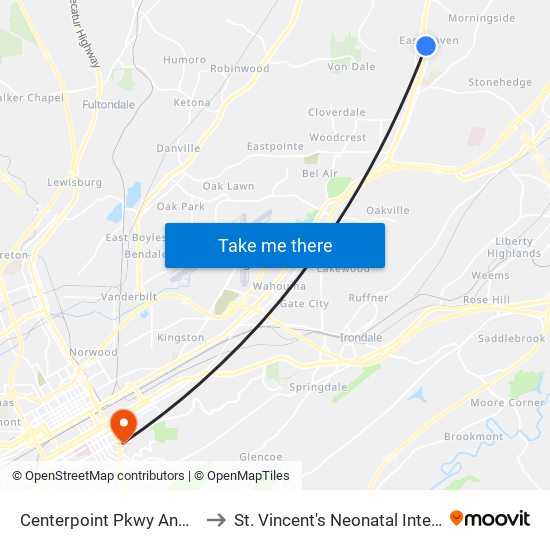 Centerpoint Pkwy And 14th Ave NE to St. Vincent's Neonatal Intensive Care Unit map