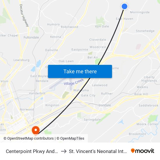 Centerpoint Pkwy And Polly Reed Rd to St. Vincent's Neonatal Intensive Care Unit map