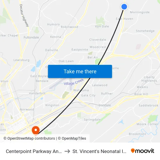 Centerpoint Parkway And Polly Reed Rd (I to St. Vincent's Neonatal Intensive Care Unit map