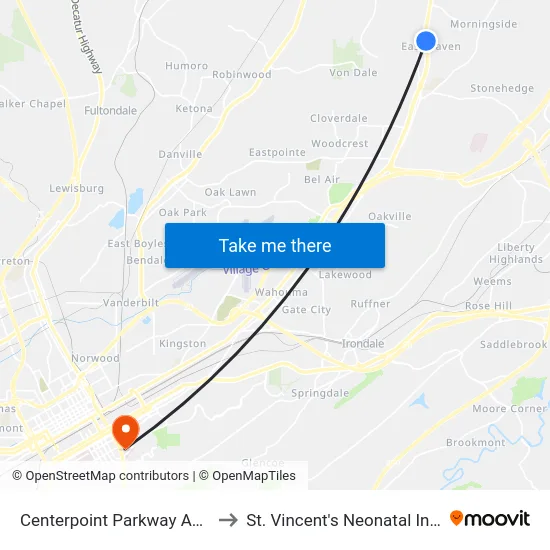 Centerpoint Parkway And Lake Drive (Ib) to St. Vincent's Neonatal Intensive Care Unit map