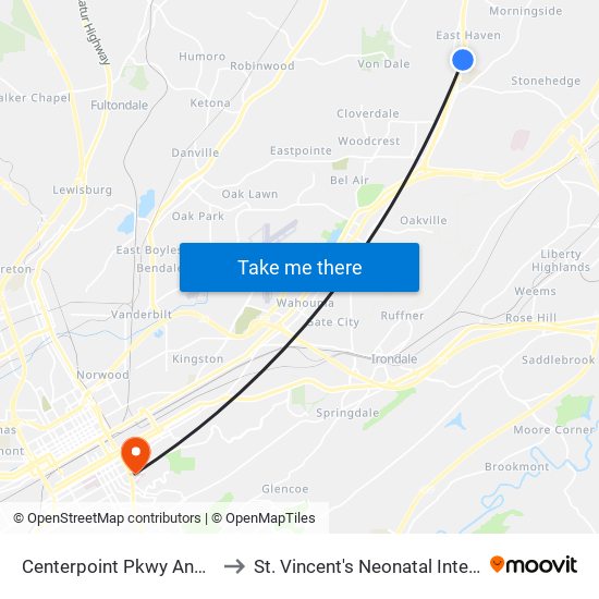 Centerpoint Pkwy And Hiawatha Dr to St. Vincent's Neonatal Intensive Care Unit map