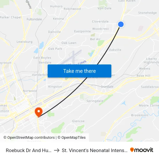 Roebuck Dr And Huffman Rd to St. Vincent's Neonatal Intensive Care Unit map