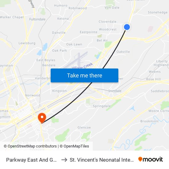 Parkway East And Gene Reed Rd to St. Vincent's Neonatal Intensive Care Unit map