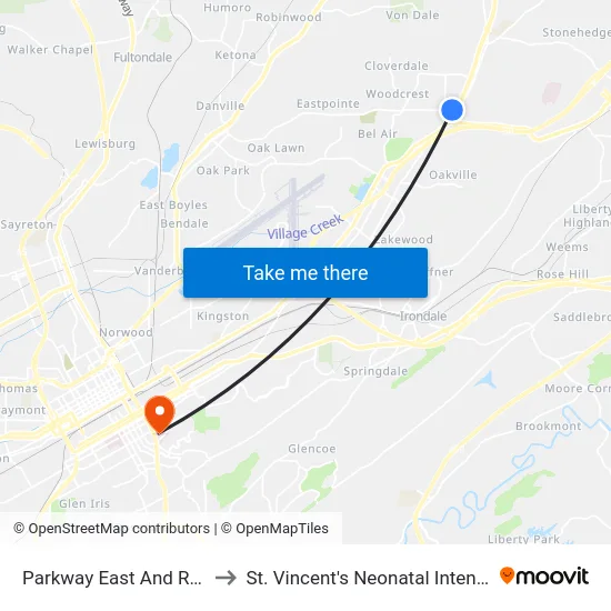 Parkway East And Red Lane Rd to St. Vincent's Neonatal Intensive Care Unit map