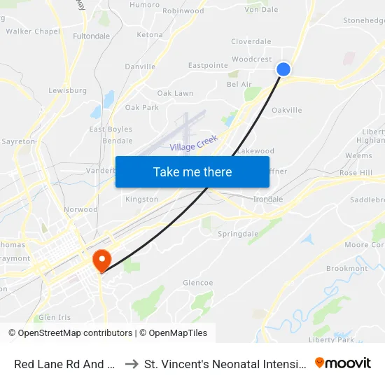 Red Lane Rd And Aaron Dr to St. Vincent's Neonatal Intensive Care Unit map