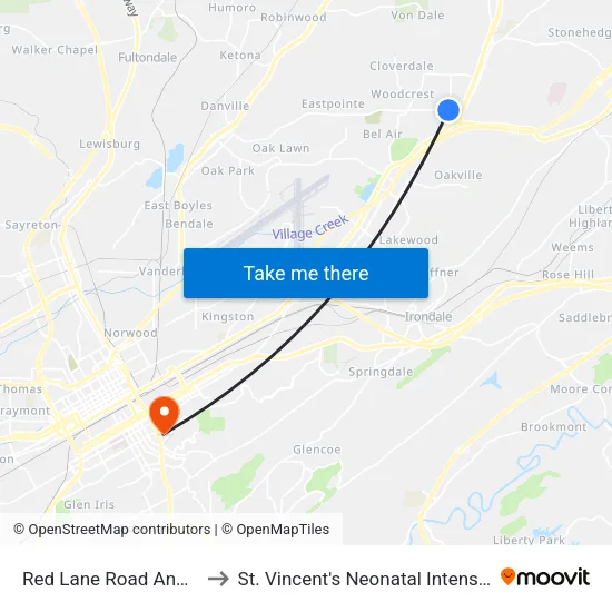 Red Lane Road And Walmart to St. Vincent's Neonatal Intensive Care Unit map