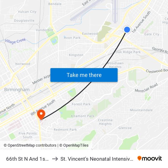 66th St N And 1st Ave N to St. Vincent's Neonatal Intensive Care Unit map