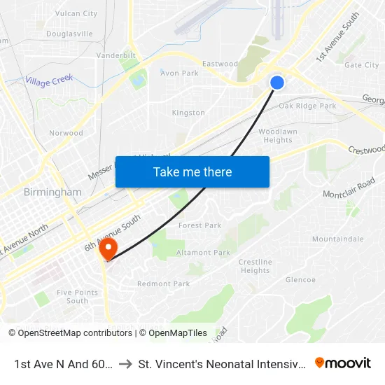 1st Ave N And 60th St N to St. Vincent's Neonatal Intensive Care Unit map