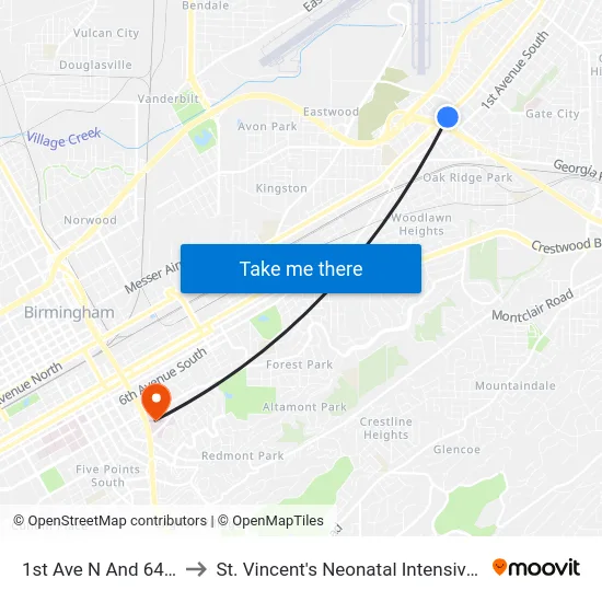 1st Ave N And 64th St N to St. Vincent's Neonatal Intensive Care Unit map