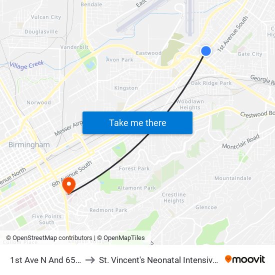 1st Ave N And 65th St N to St. Vincent's Neonatal Intensive Care Unit map