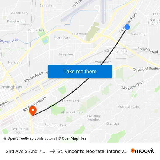 2nd Ave S And 70th St S to St. Vincent's Neonatal Intensive Care Unit map