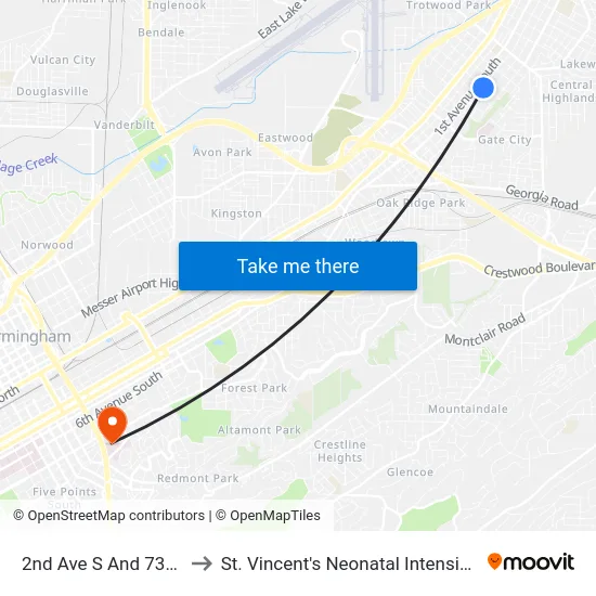 2nd Ave S And 73rd Ave S to St. Vincent's Neonatal Intensive Care Unit map