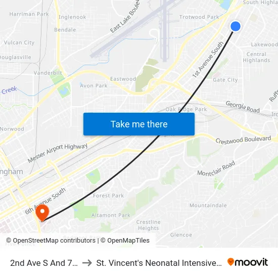 2nd Ave S And 79th St to St. Vincent's Neonatal Intensive Care Unit map
