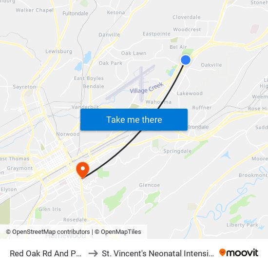 Red Oak Rd And Pkwy East to St. Vincent's Neonatal Intensive Care Unit map