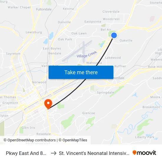 Pkwy East And 89th St N to St. Vincent's Neonatal Intensive Care Unit map