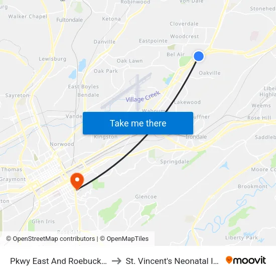 Pkwy East And Roebuck Blvd (Post Office) to St. Vincent's Neonatal Intensive Care Unit map