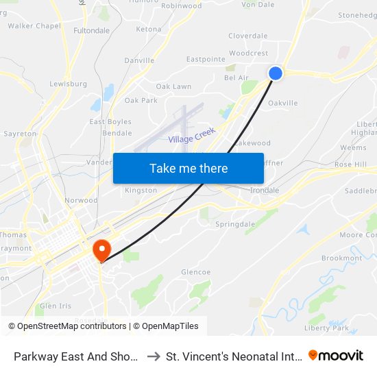 Parkway East And Shopping Center Dr to St. Vincent's Neonatal Intensive Care Unit map