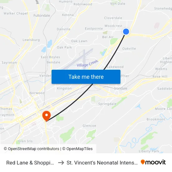 Red Lane & Shopping Center to St. Vincent's Neonatal Intensive Care Unit map