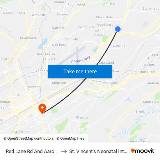 Red Lane Rd And Aaron Dr (Walmart) to St. Vincent's Neonatal Intensive Care Unit map