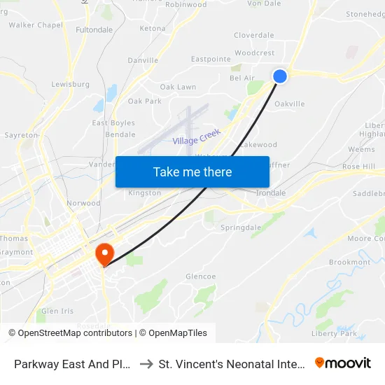 Parkway East And Planet Fitness to St. Vincent's Neonatal Intensive Care Unit map