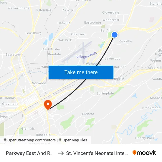 Parkway East And Roebuck Blvd to St. Vincent's Neonatal Intensive Care Unit map