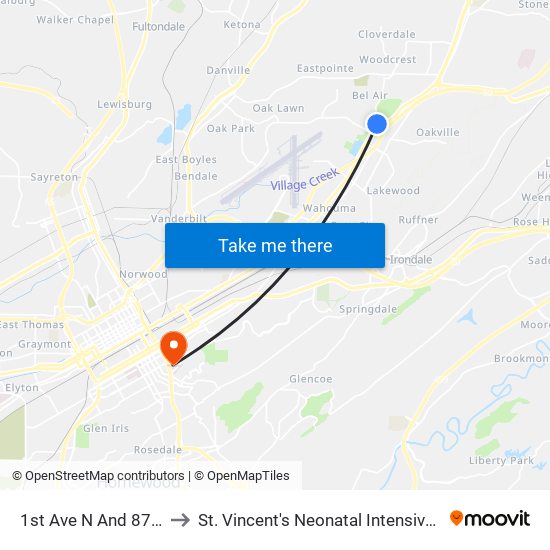 1st Ave N And 87th St N to St. Vincent's Neonatal Intensive Care Unit map