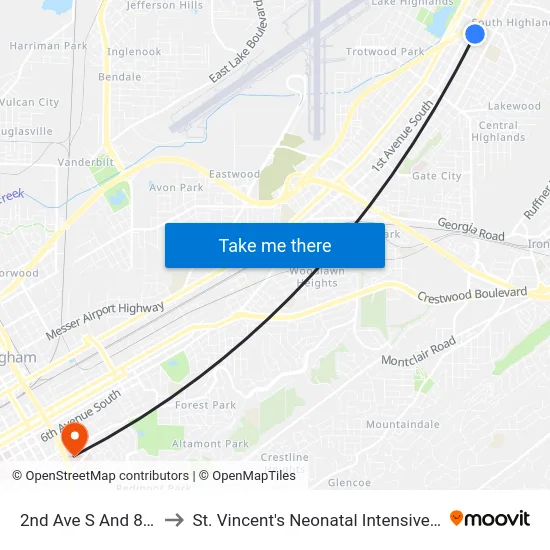 2nd Ave S And 82nd St to St. Vincent's Neonatal Intensive Care Unit map