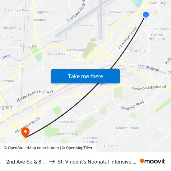 2nd Ave So & 80th St to St. Vincent's Neonatal Intensive Care Unit map