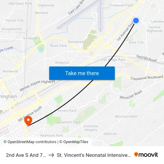 2nd Ave S And 76th St to St. Vincent's Neonatal Intensive Care Unit map