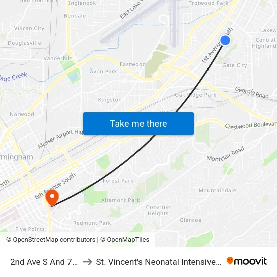 2nd Ave S And 73rd St to St. Vincent's Neonatal Intensive Care Unit map