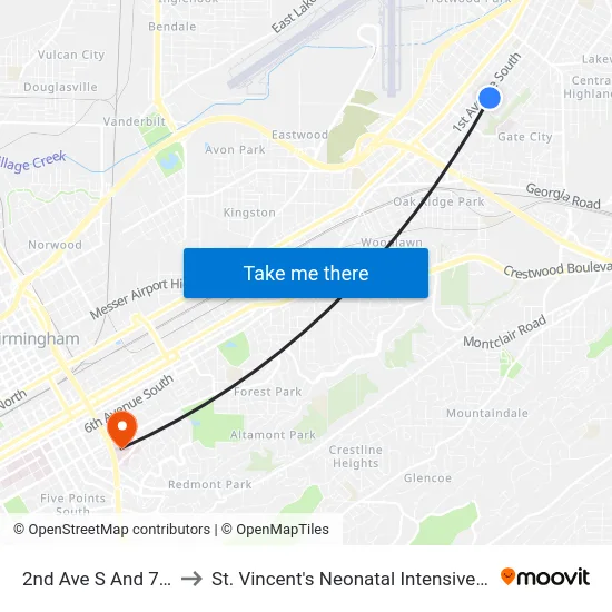 2nd Ave S And 71st St to St. Vincent's Neonatal Intensive Care Unit map
