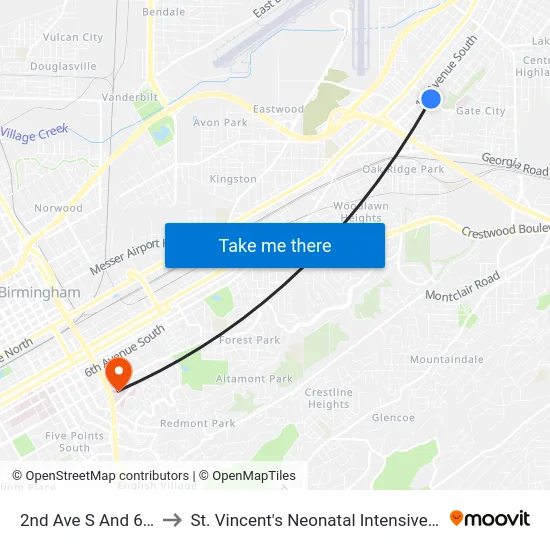 2nd Ave S And 68th St to St. Vincent's Neonatal Intensive Care Unit map