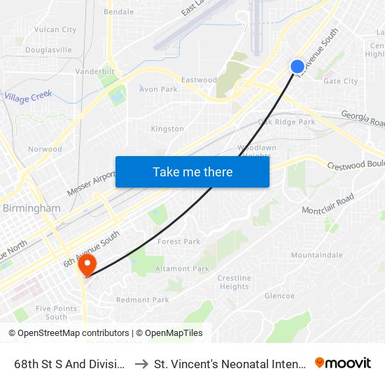 68th St S And Division Ave (Ib) to St. Vincent's Neonatal Intensive Care Unit map