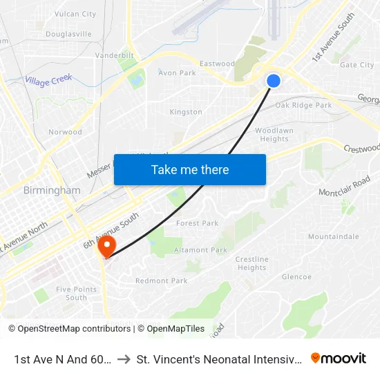 1st Ave N And 60th St N to St. Vincent's Neonatal Intensive Care Unit map