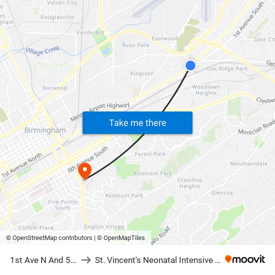 1st Ave N And 55th St to St. Vincent's Neonatal Intensive Care Unit map