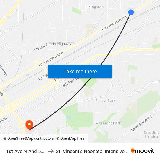 1st Ave N And 52nd St to St. Vincent's Neonatal Intensive Care Unit map