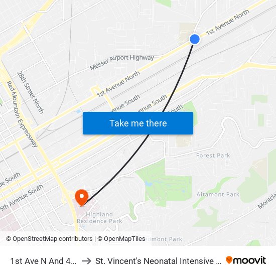 1st Ave N And 44th St to St. Vincent's Neonatal Intensive Care Unit map