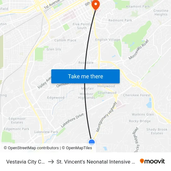 Vestavia City Center to St. Vincent's Neonatal Intensive Care Unit map