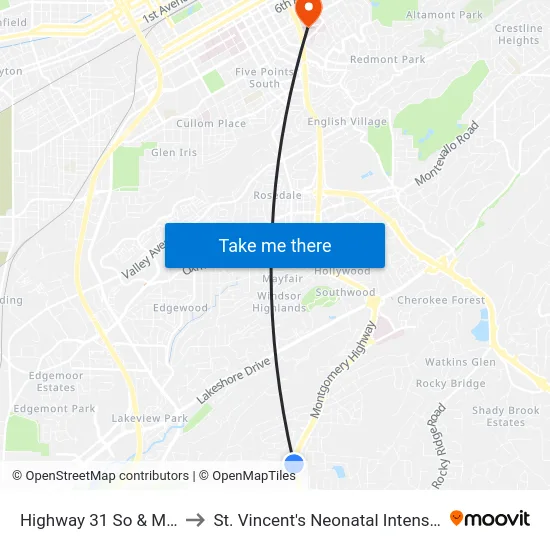 Highway 31 So & Mcdonalds to St. Vincent's Neonatal Intensive Care Unit map
