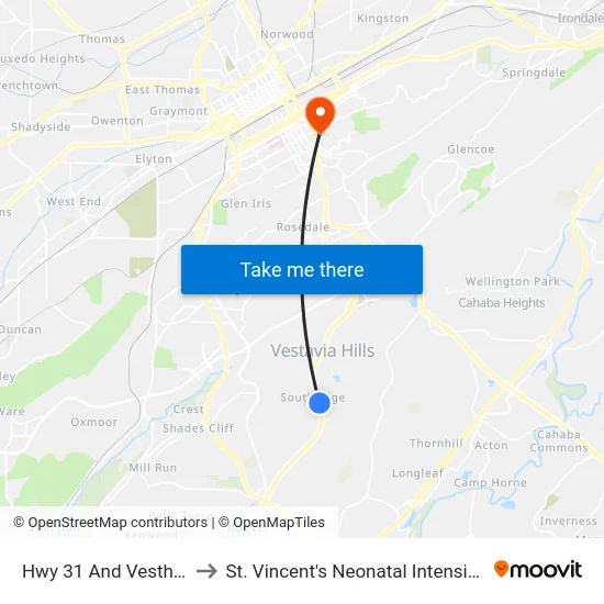 Hwy 31 And Vesthaven Rd to St. Vincent's Neonatal Intensive Care Unit map