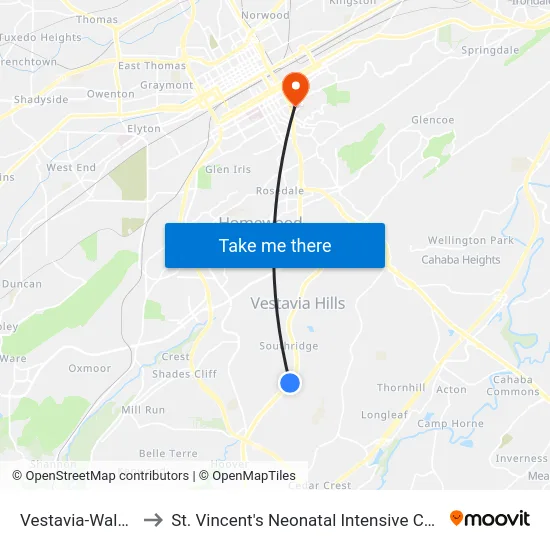 Vestavia-Walmart to St. Vincent's Neonatal Intensive Care Unit map