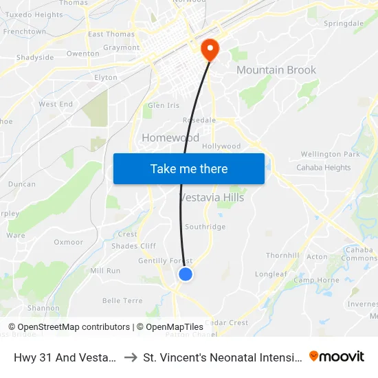 Hwy 31 And Vestavia Pkwy to St. Vincent's Neonatal Intensive Care Unit map