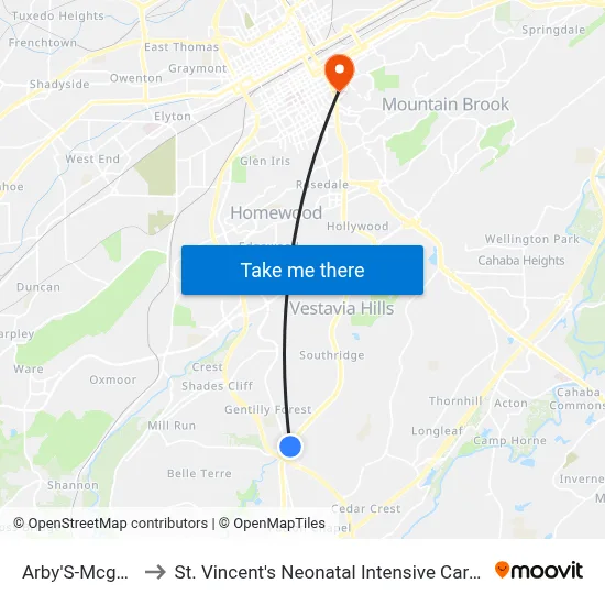 Arby'S-Mcguire to St. Vincent's Neonatal Intensive Care Unit map