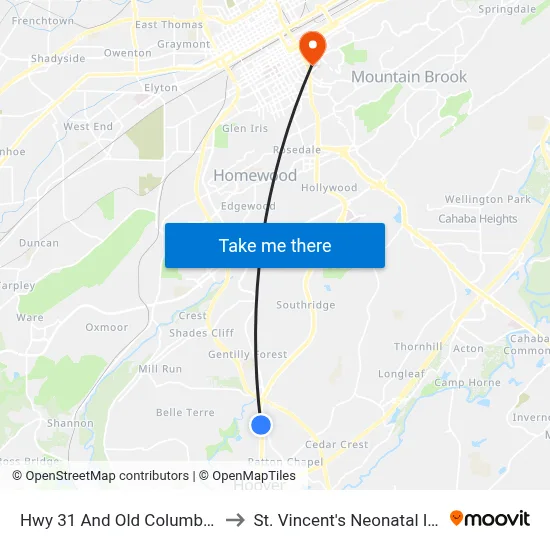 Hwy 31 And Old Columbiana Rd (Hoover Vil to St. Vincent's Neonatal Intensive Care Unit map